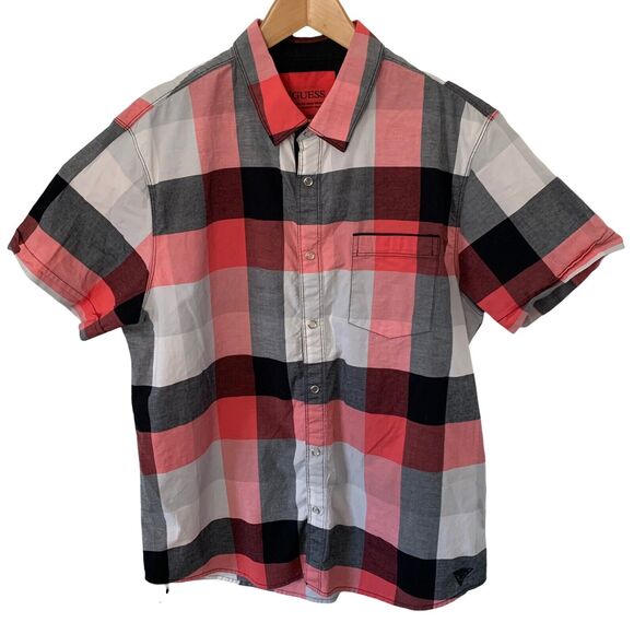 Guess Pearl Snap Red Black Buffalo Check Short Sleeve Shirt Los Angeles Mens XL - Picture 1 of 6